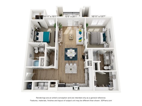 Floor plan for 2 beds, 2 baths, 1048 sqft